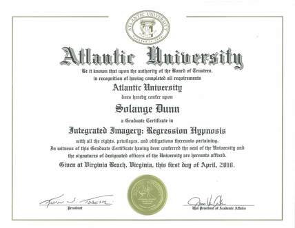 Calgary-based Solange Dunn holds a Graduate Certificate in Integrated Imagery: Regression Hypnosis from Atlantic University in Virginia Beach, Virginia.